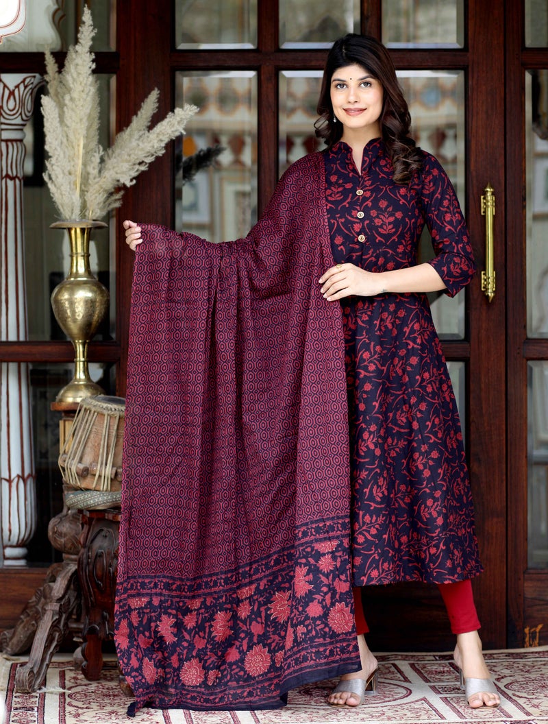 Miravan Maroon Floral Print Anarkali Kurta with Dupatta for Women - Image 1